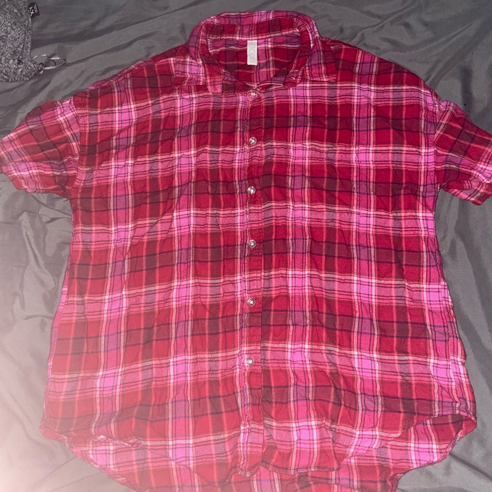Cotton On Red and Pink Plaid Short-Sleeve Pajama Top